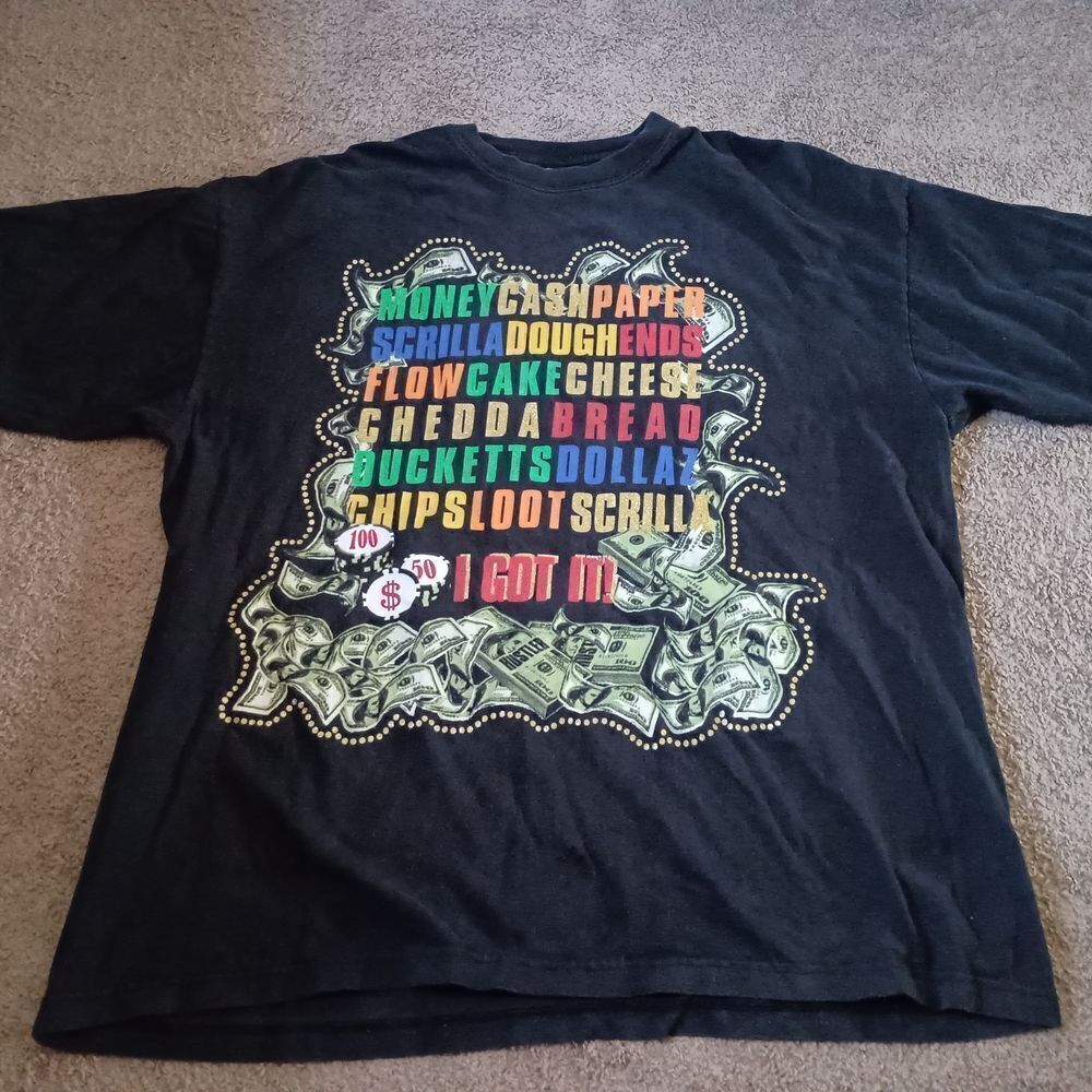 Y2K Vintage Hip-hop Money Graphic T-shirt SS Black RARE Size 2XL PRE-OWNED